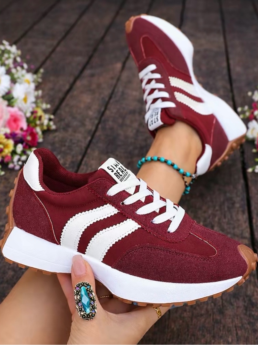 Women's Maroon Lace-Up Sneakers with White Stripes - Picture 3 of 5